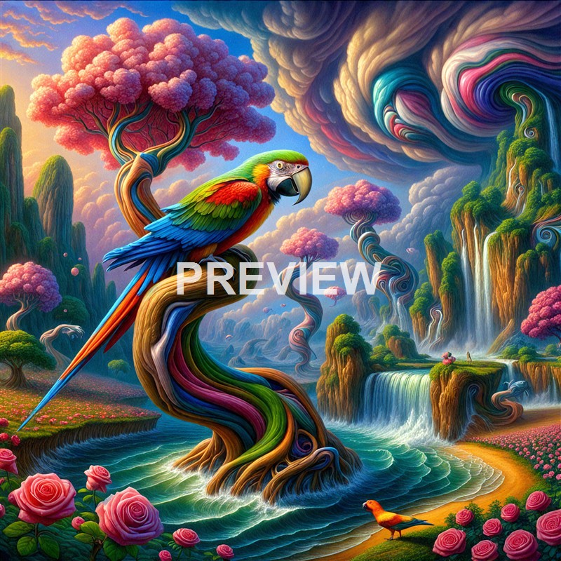 A vibrant, surreal landscape featuring a colorful parrot perched on a twisted, rainbow-colored tree with pink flowering trees, cascading waterfalls, and swirling, multicolored clouds in a fantastical, dream-like setting.